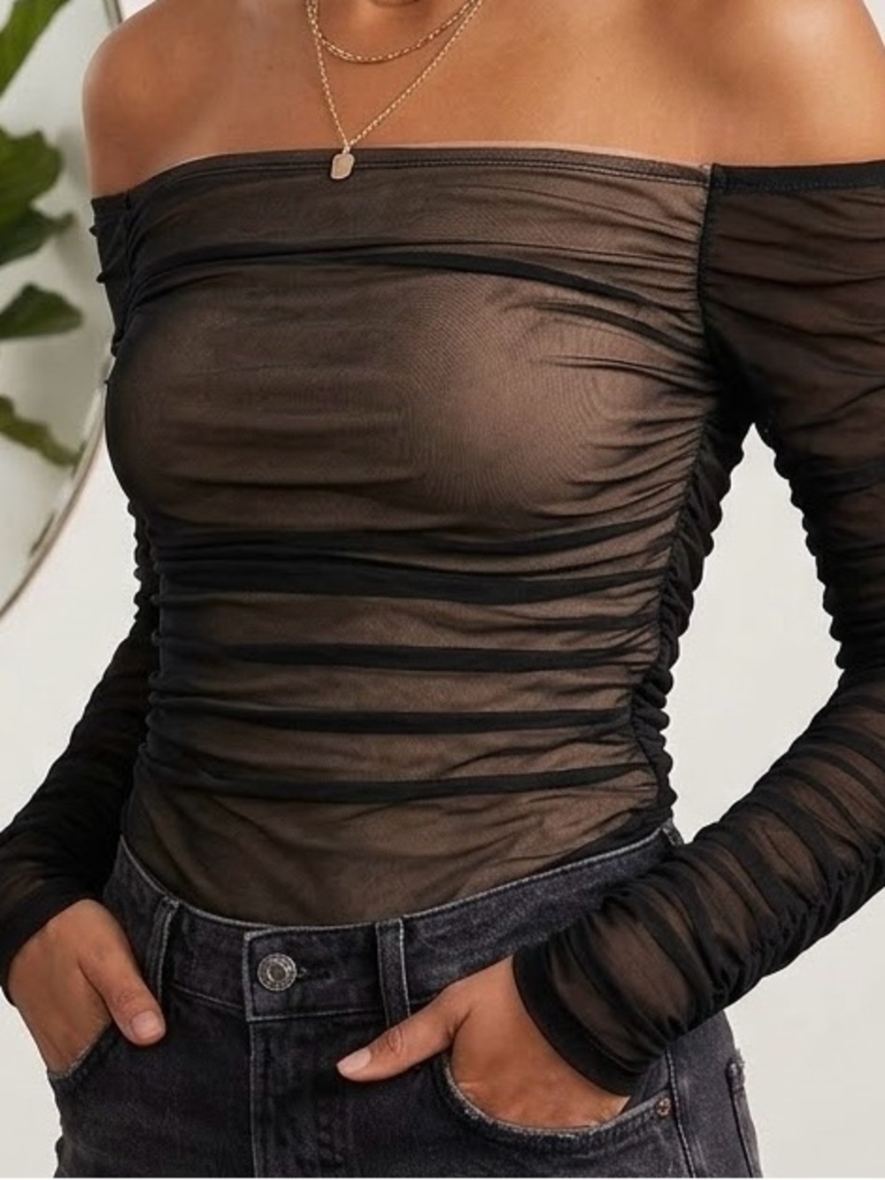 Intimately by Free People Black Ruched Sheer Mesh Off-Shoulder Top / Bodysuit
